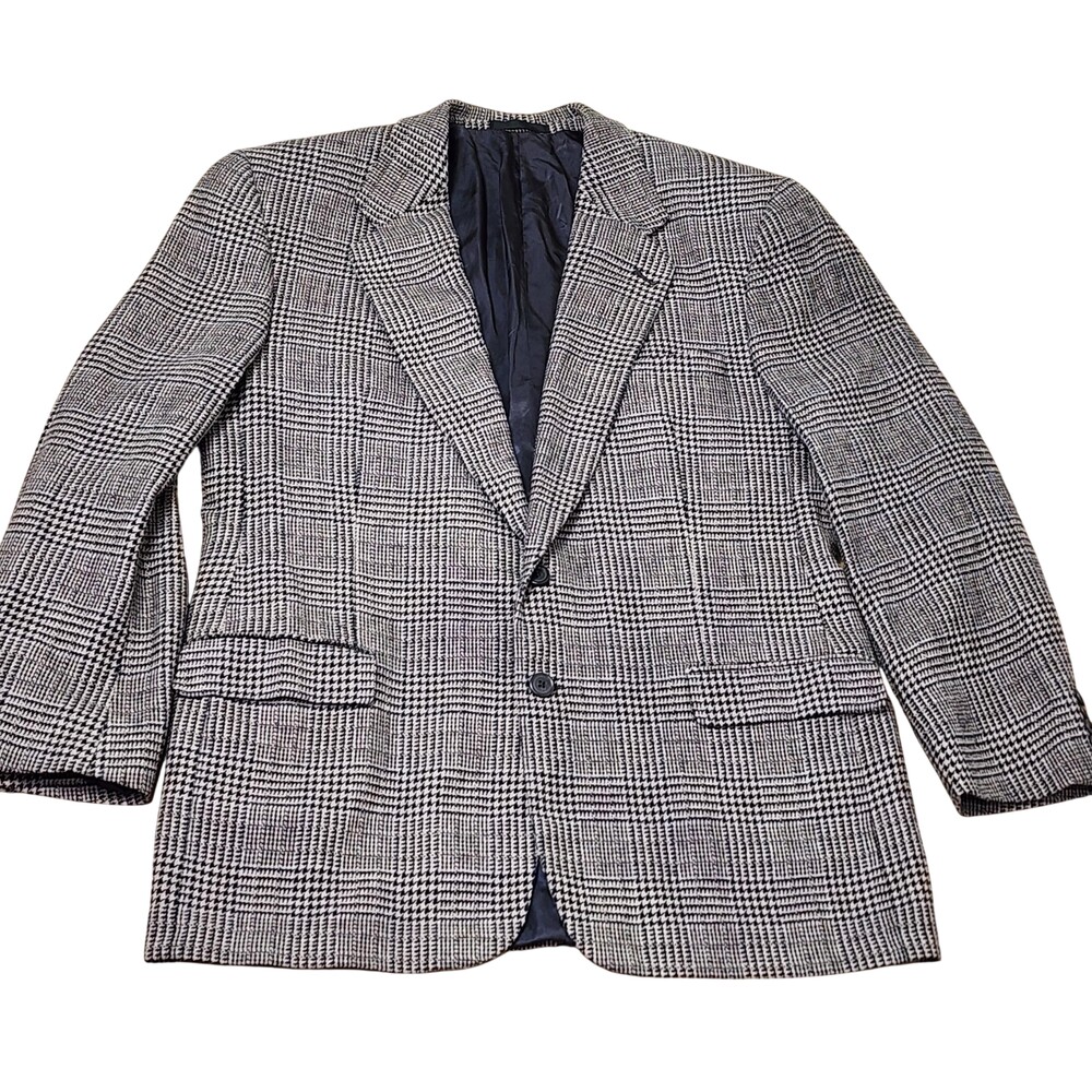 Nick Hilton Sport Coat Mens 44 Gray Wool Glen Plaid Tweed Two Button Blazer USA
